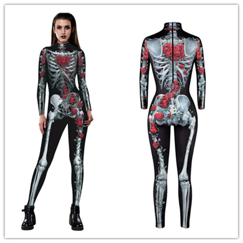 

3D printed Skull Skeleton Jumpsuit Catsuit Sexy Cosplay Costumes Halloween Purim Carnival Women Bodysuit Fancy Dress