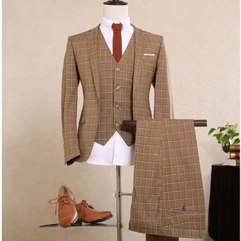 

NA36 Men Suits Slim Fit Groom Tuxedos Wedding Suits Men One Button Mens 3 Pieces Sets (Jacket+Pant+Waistcoat) Plaid Prom Suits
