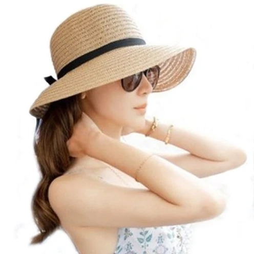 Floppy Foldable Ladies Women Straw Beach Sun Summer Hat Beige One Size Wide Brim (4)