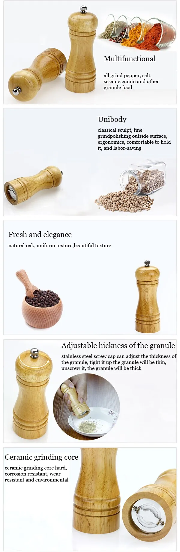Wooden Oak Manual Pepper Salt Mill Grinder Spice Pepper Salt Mill Kitchen Seasoning Tool