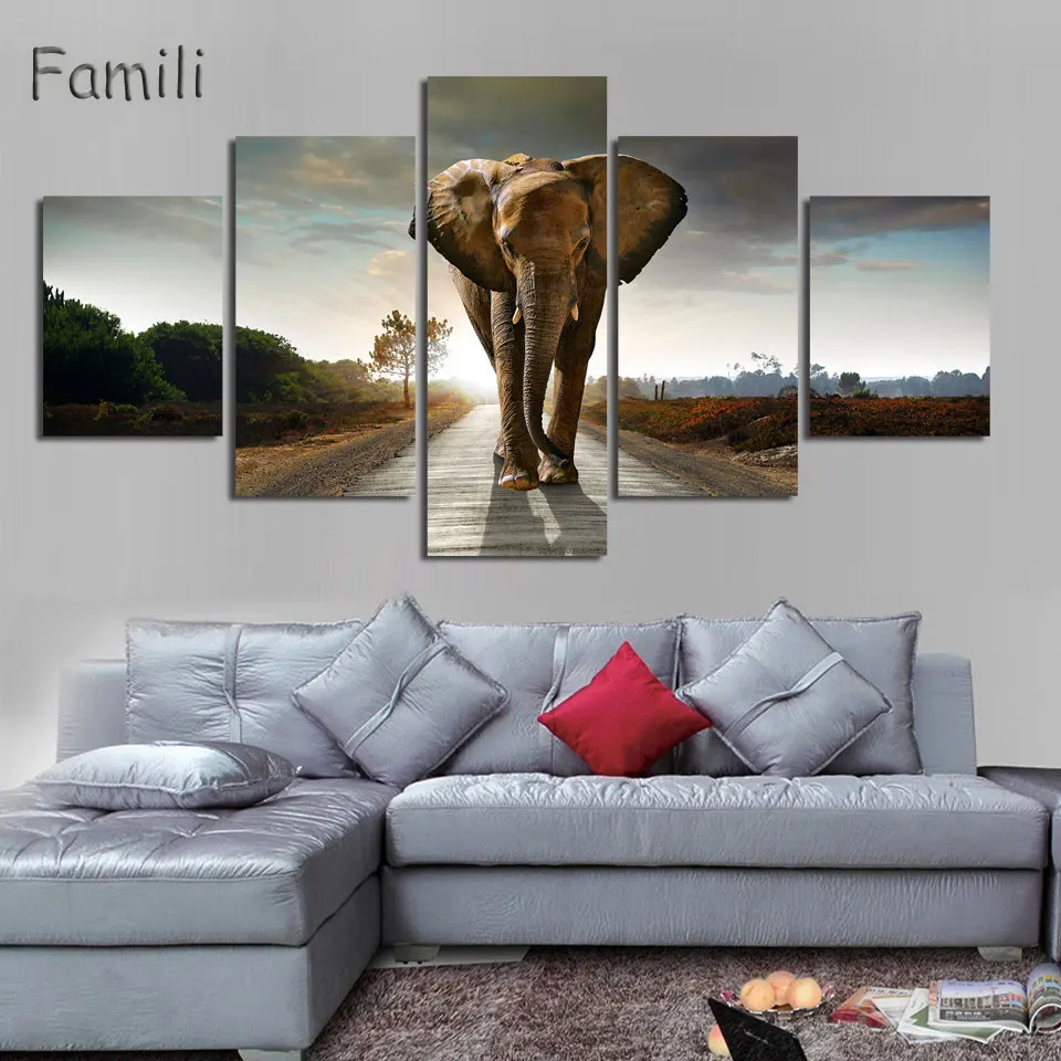 

5Picture Stretched animal painting canvas prints public picture elephants without ivory protect animals modern artwork with love
