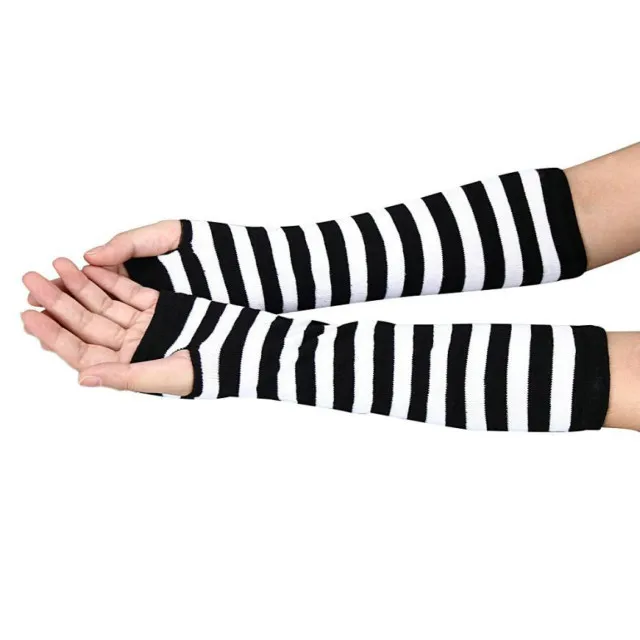 

Winter Glove Wrist Arm Hand Warmer Knitted Long Fingerless Gloves Mitten Black Striped gloves #HY