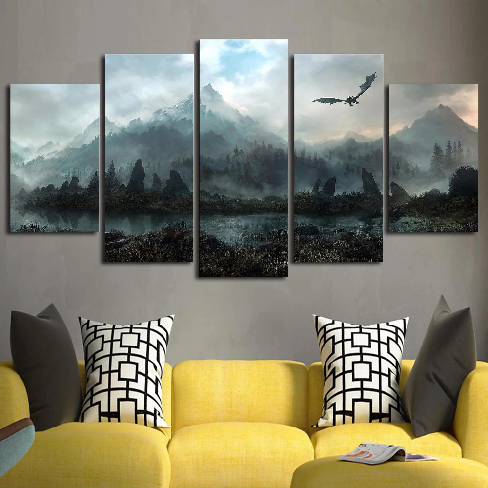 5 Piece Hd Wall Art Picture Game Thrones Dragon Skyrim Oil Painting