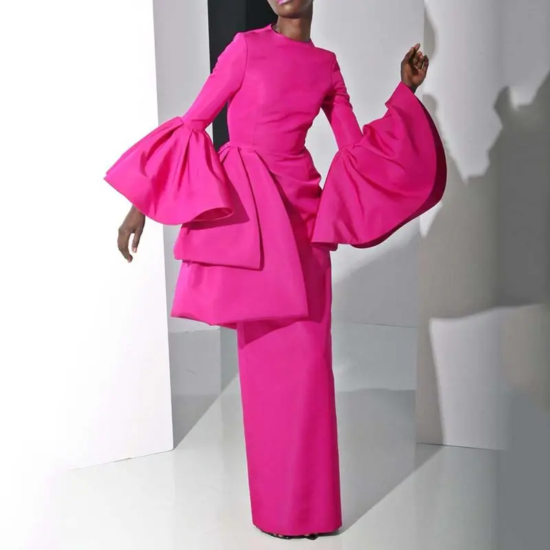 

Long Maxi Dresses Women Rose Floor-Length Flare Sleeve Pencil Dress Elegant 2019 Autumn Plain African Femme Vestiods Robe Party