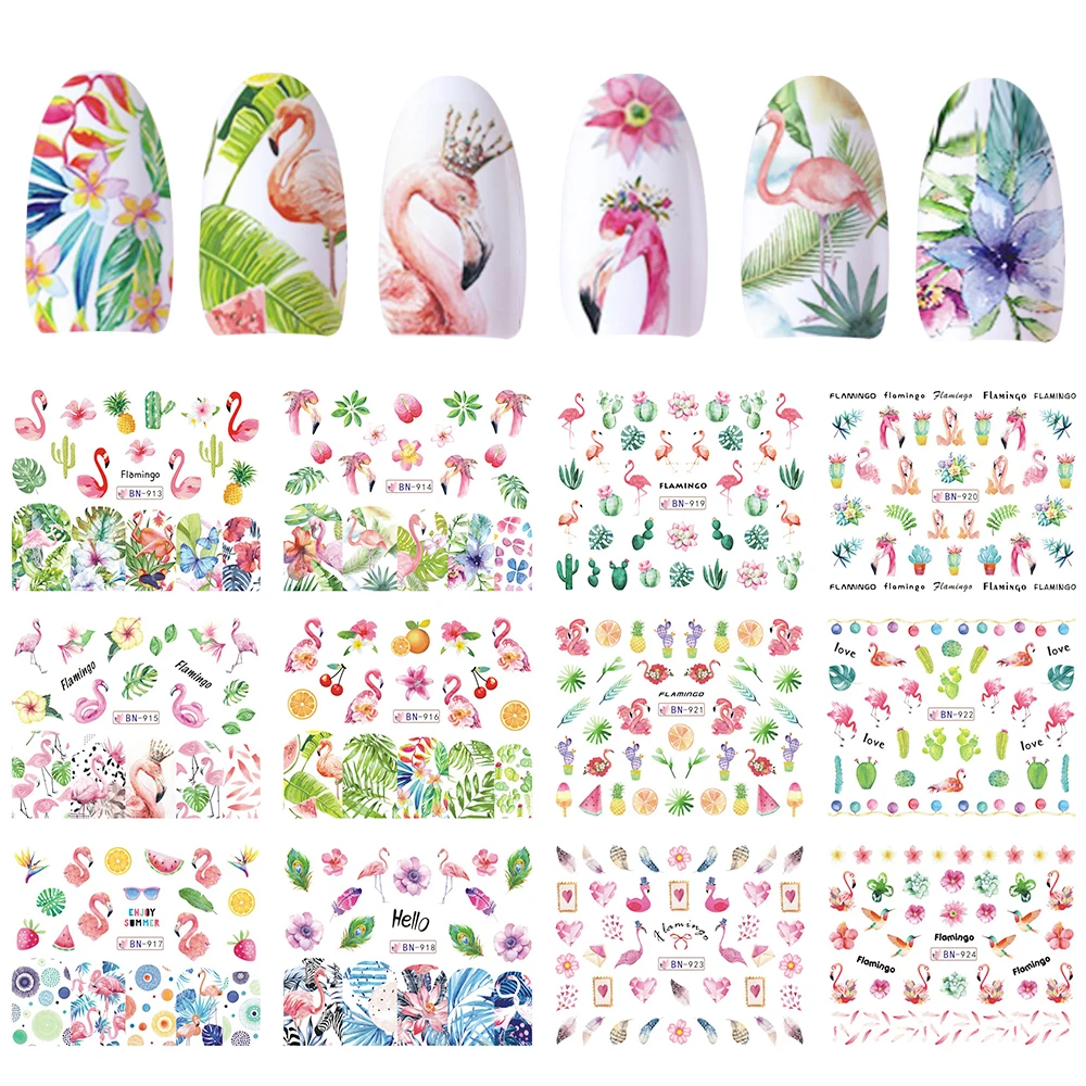 

12 Designs Water Sticker Decal Nail Slider Decoration Flamingo Leaf Flower Feature Nail Tattoo Transfer Manicure Tip JIBN913-924