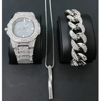 

Luxury Men Silver Color Watch & Bracelet & Necklace Combo Set Watch Cuban Ice Out Cuban Pendant Necklace Crystal Miami For Men