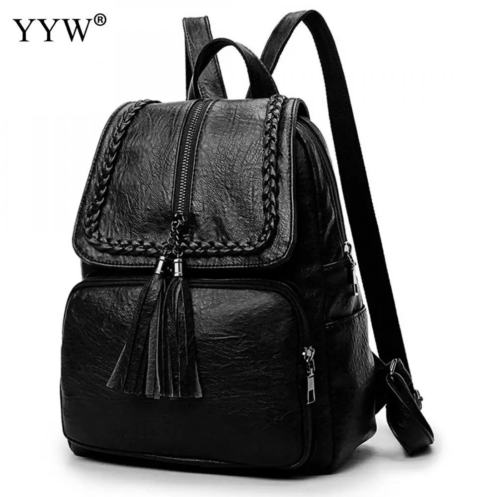

Vintage Black PU Leather Backpack Female Laptop School Backpacks for Children a case for Phone & Purse High Quality Lady's Bags