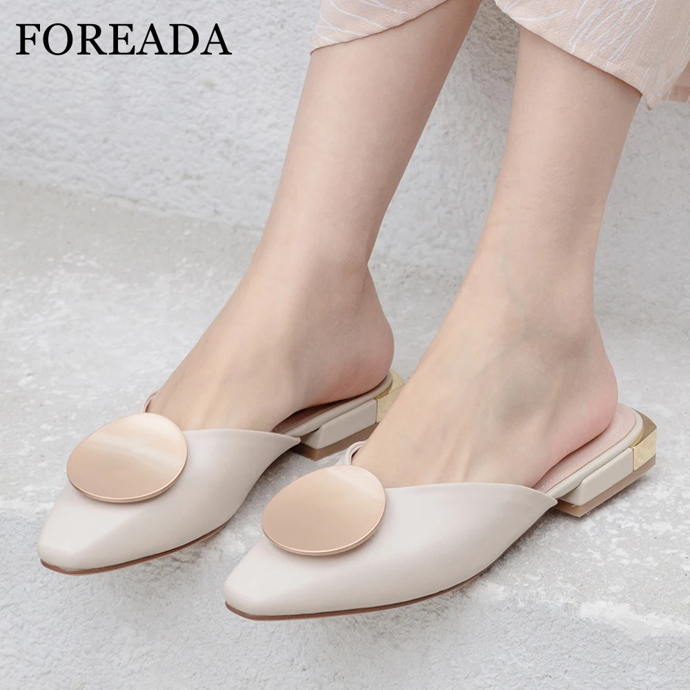 

FOREADA Women Slides Summer Mules Shoes Natural Cow Leather Flat Shoes Genuine Leather Square Toe Slippers Lady 2019 Size 34-40