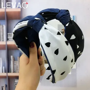 

1Levao European Heart Dot Headband Hair Accessories for Women Simple Knotted Wide Hair Band Navy Canvas Fabric Headbands
