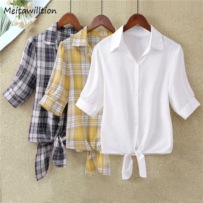 

Summer Women Plaid Blouse Shirt Lady 4XL Loose Tops Casual Short Puff Sleeve White Blouse Office Shirts 2019 Plus Size Clothing