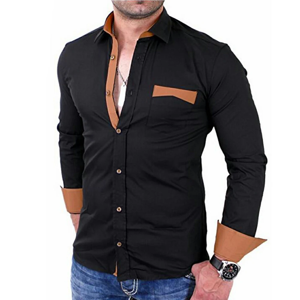 F-SFRWA 2019 Модные мужские рубашка с длинными рукавами однотонные топы большой карман рубашки Для мужчин s Платье черного цвета рубашки Slim Для