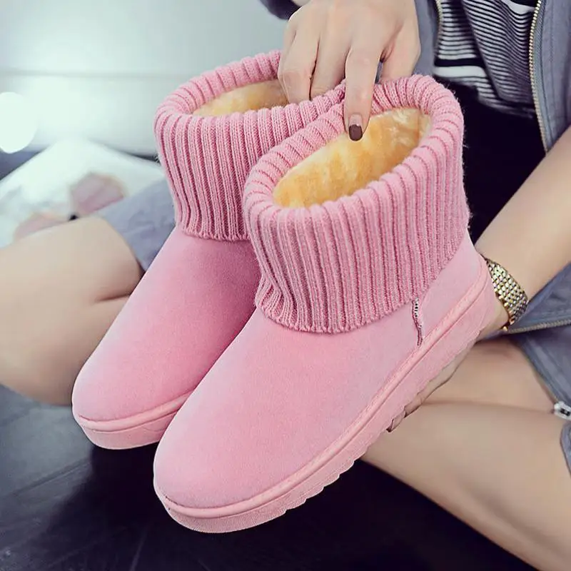 

women Snow Boots Knitting Wool Cuff Patchwork Female Warm Plush Furry Cotton Flat Shoes