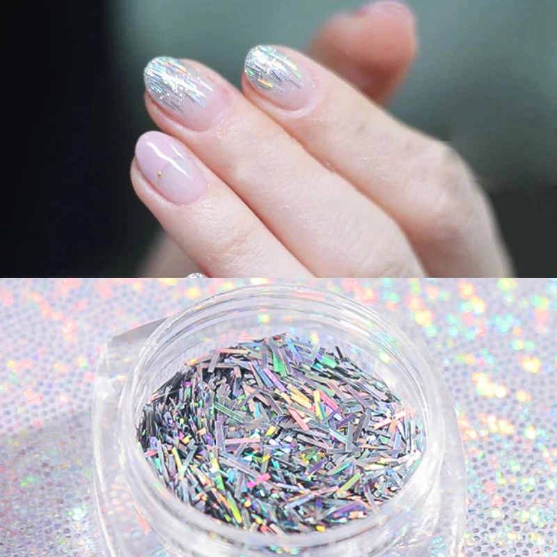 

1 Box 3D Nail Powder Sequins Strip Shape Glittering Holographic Flakes Nail Art Decorations 4 Colors for Choose DIY Design
