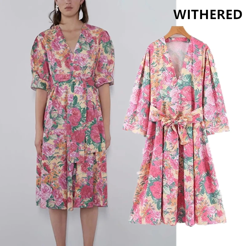 

Withered england style vintage pink print floral v-neck sashes party dress women vestidos vestidos de fiesta de noche maxi dress