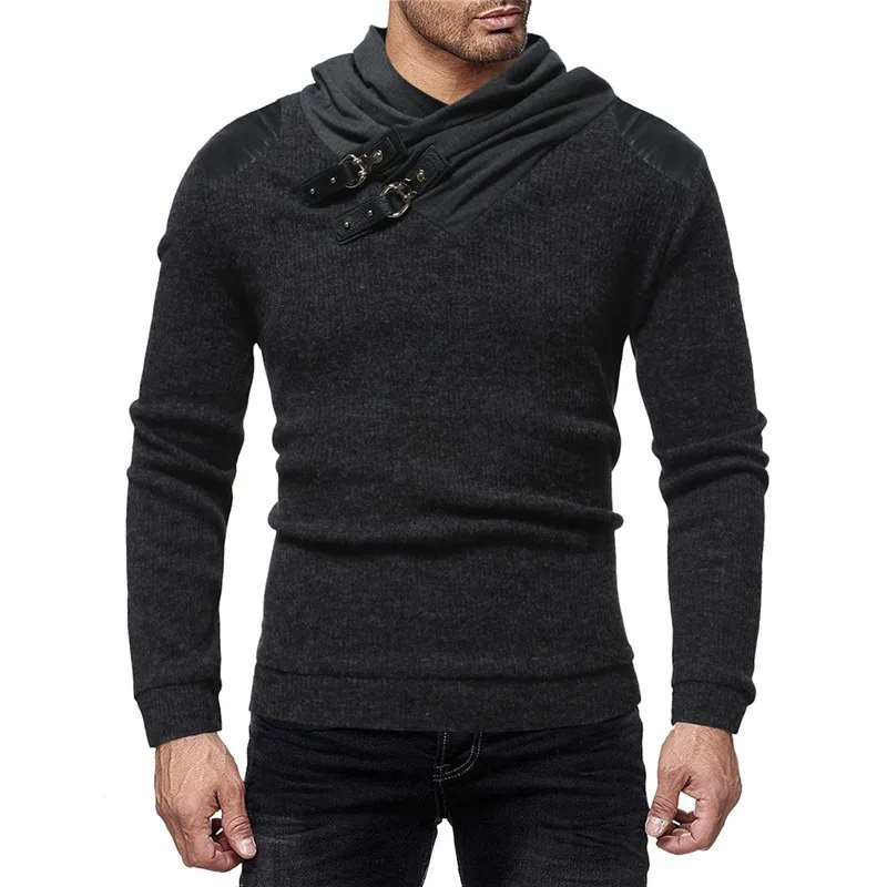 Sweater Men 2018 Autumn Winter Warm Brand Male Long Sleeve Skin Buckle Solid Color Hooded Mens Heaps Collar Knitted Sweater