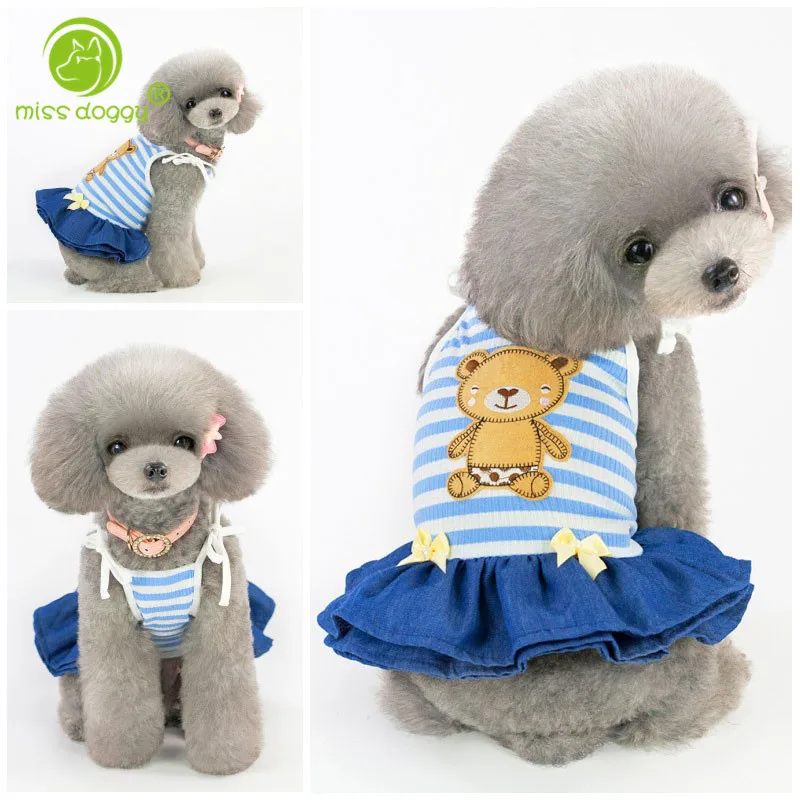 Милый медведь из мультфильма повязка с принтом для собаки Летнее платье Модные полосатые платья для собак для маленьких собак джинсовые платья для Йоркских Dogs10A