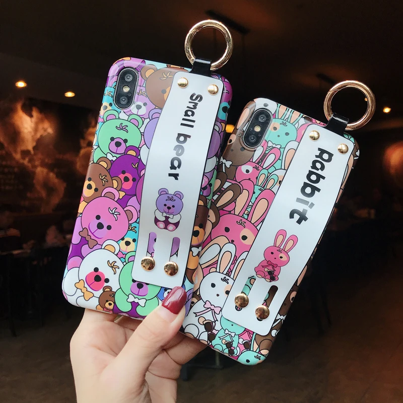 GYPHCA Luxury Brand Cute Cartoon Glossy Bear Wrist Strap TPU Soft Phone Case For iPhone X XS XR XSMAX 6 7 8 Plus Back Cover |