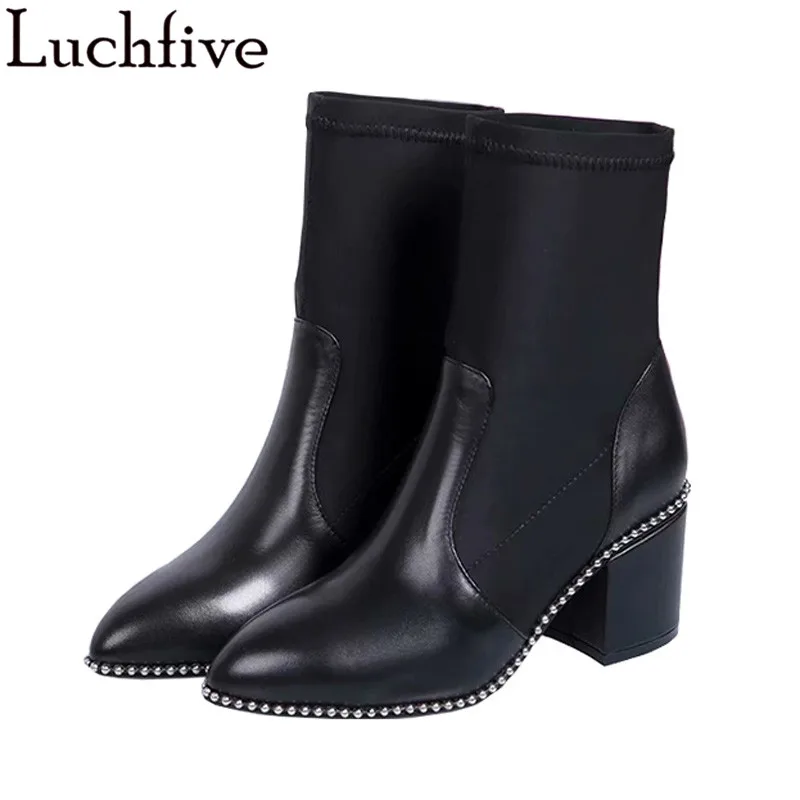 

Genuine leather high heels women boots string beaded rivets studded Ankle Boots for ladies 2018 runway design autumn Sock Shoes