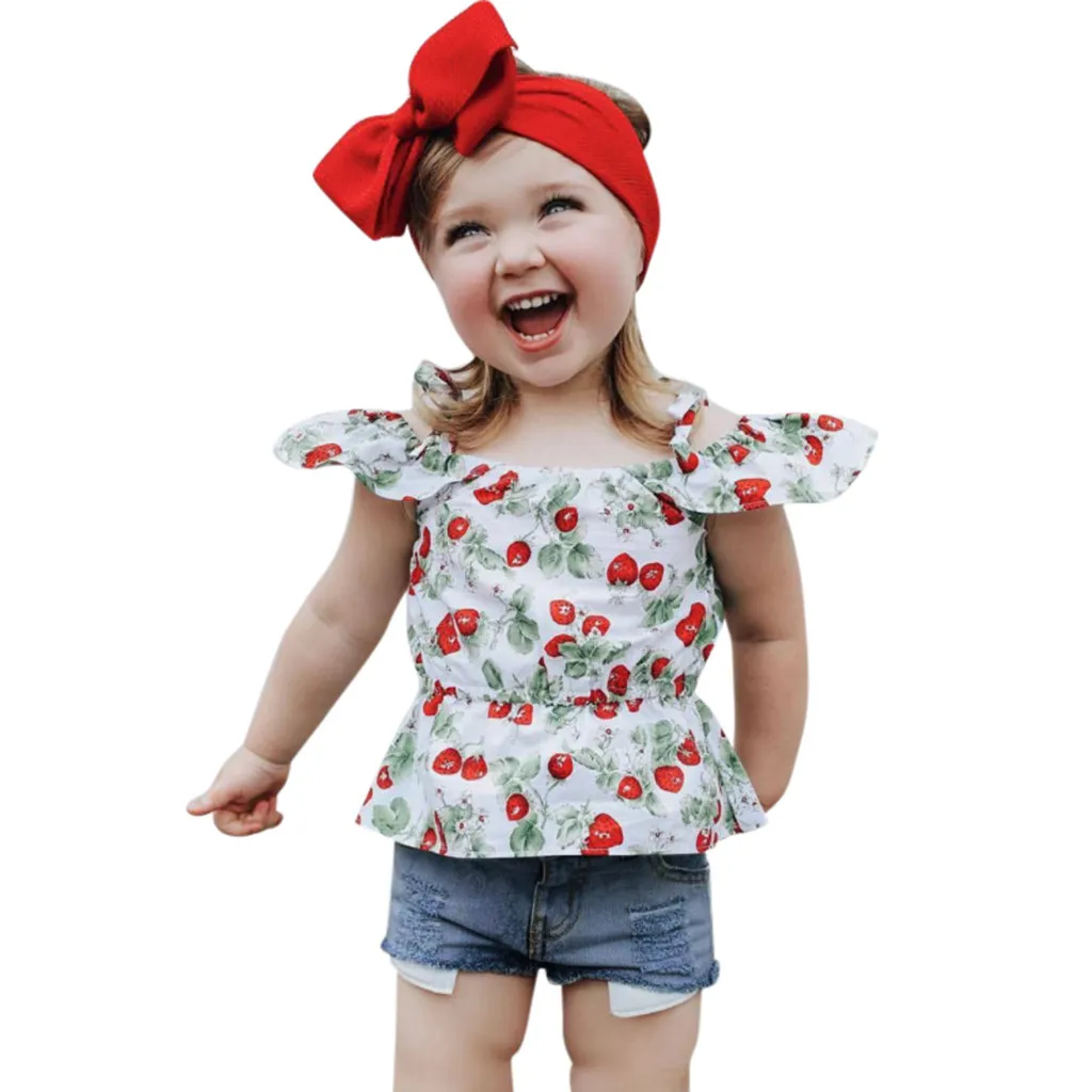 

Baby girl clothes 2019 hot summer Cotton 2pcs toddler kids baby girls outfits t-shirt tops Cherry Print Denim Shorts Set T514
