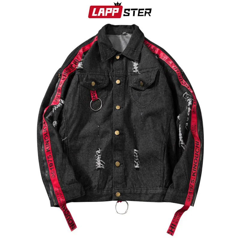 LAPPSTER Men Ribbon Blue Jean Jackets 2019 Man Japanese Streetwear Hip Hop Denim Jacket Harajuku Bomber Jacket Windbreaker INS