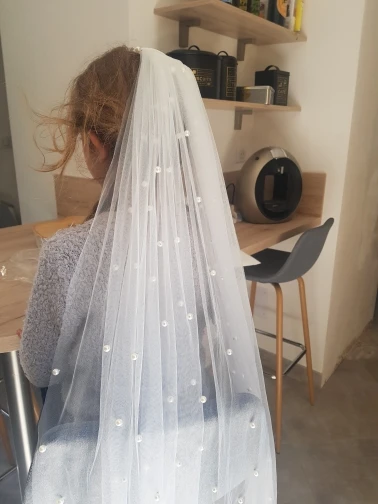

White Bridal Veil with Comb One Layer Cathedral Royal Pearl Wedding Veil
