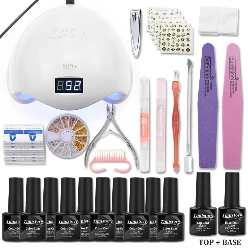 

Timistory 10 Color Gel Nail Set with UV Lamp 40/48/54W Nail Gel Polish Set UV Gel Base Top Coat Manicure Kit For Nail Art Tools
