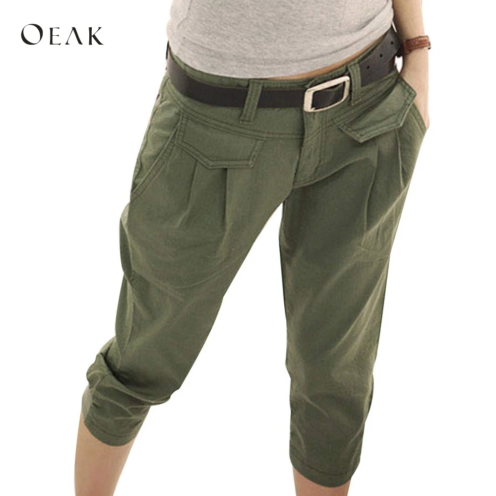 

Oeak 2019 Women's Mid-Waist Solid Slim Fit Spring Summer New Fashion Casual Cotton Cargo Pants Females Calf-Length Pants