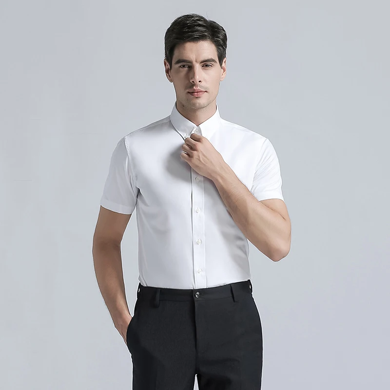 

Top Quality 2019 Brand New Men Shirt Short Sleeves Men's Cotton Blend Solid Color Shirts Men Business Casual Shirt Regular Fit