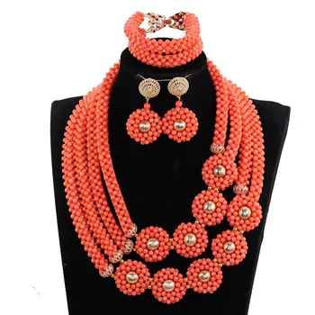 

Elegant Women African Coral Beads Necklace Jewelry Set Coral Pendant Gold Beads Necklace Earrings Set Beads for Wedding BN298