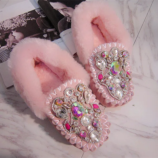 Guisantes Tipo Zapatos Casuales Mujer Cadena Cristal De Cuero Adorno As Bling Lana Pic rzwrS8
