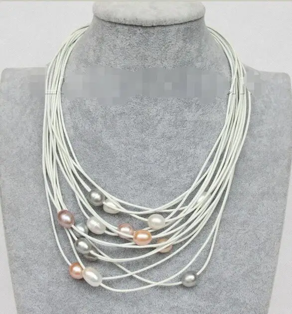 

Free Shipping>> new hot 17"-24" 13mm 15row white pink gray purple pearls white leather necklace j9646