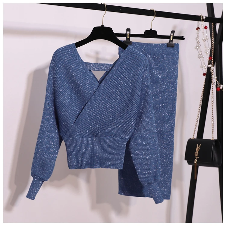 Высокое качество осень зима женский комплект 2 шт. пуловеры вязаный свитер+ эластичный высокая талия карандаш длинные юбки Подиум костюмы