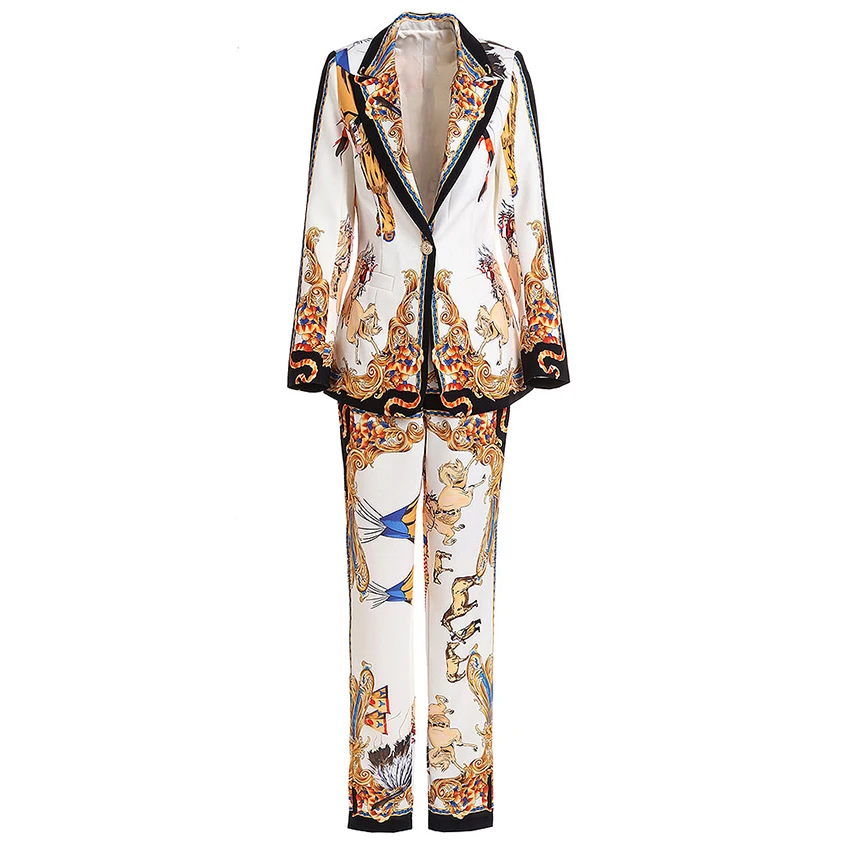 

HIGH STREET New Fashion 2019 Stylish Deesigner Runway Suit Set Women's Retro Print Single Button Floral Blazer Pants Suit