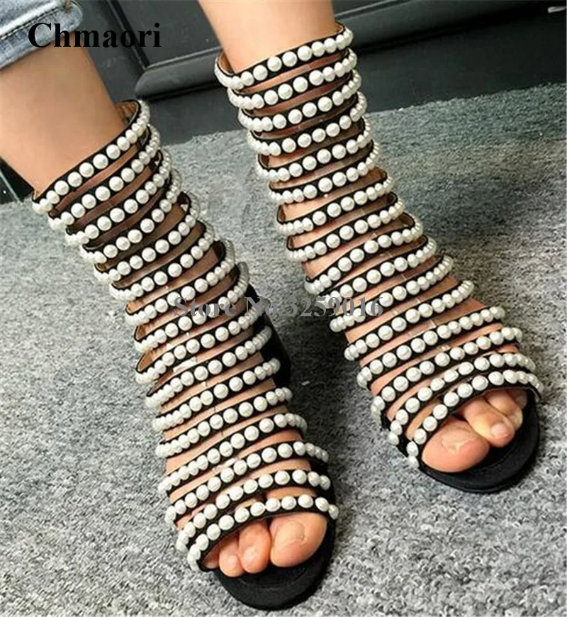 

Newest Arrival White Pearl Sandals Low Heel Dress Shoes Glossy Jewelry Back Zipper Sandal Boots Concise Beaded Shoes