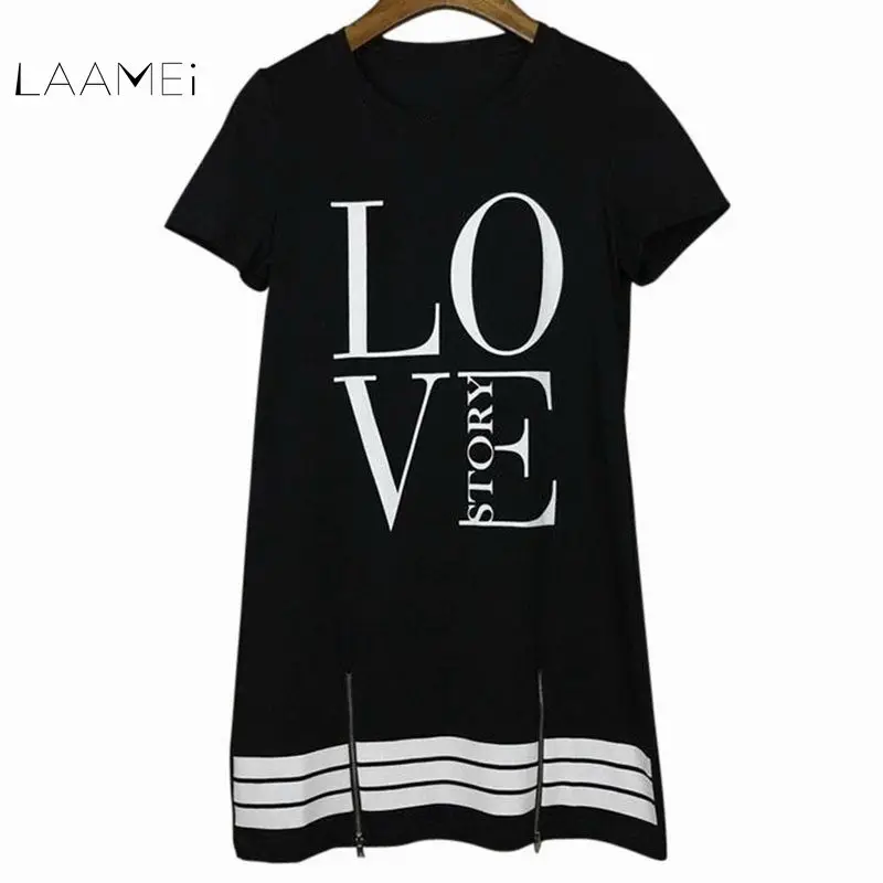 

Laamei Summer O-Neck Long T-Shirt Dress Women Letter Print Dresses Short Sleeve Casual Loose Streetwear Sundress Plus Size S-5XL