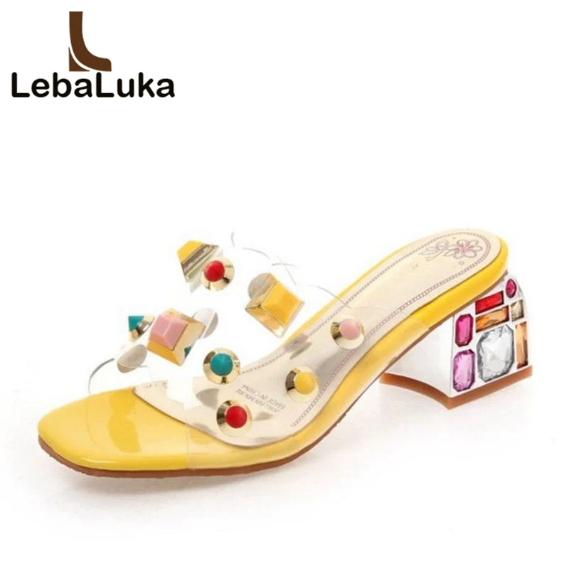 

Tuyoki Plus Size 33-46 Women High Heels Sandals Colorful Rhinestone Summer Beach Slippers Peep Toe Casual Party Shoes Women