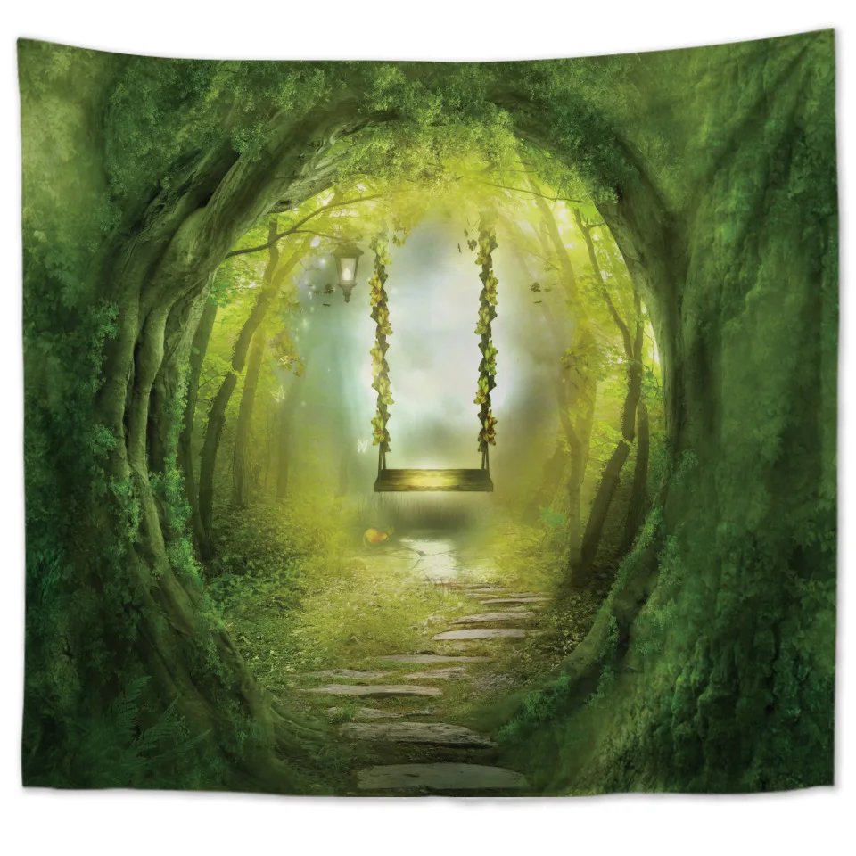 

Cilected Natural Tree Hole Green Tapestry Wall Hanging Polyester Thin Section Fairy Print Tapestry 3D Beach Towel Blanket Mat