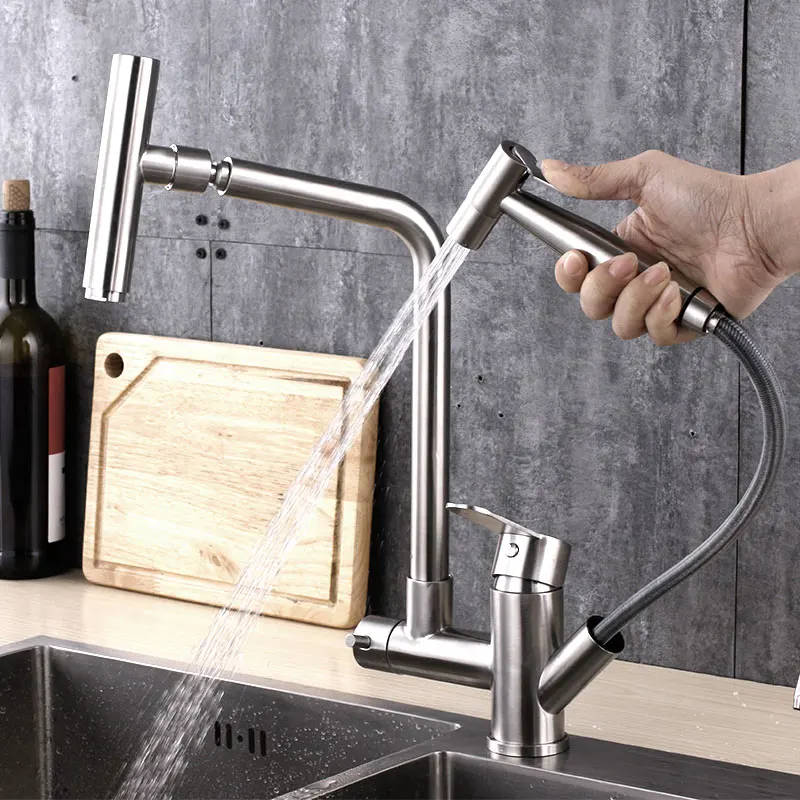 

Pull out kitchen faucet 360 rotate brushed surface has sprayer tap