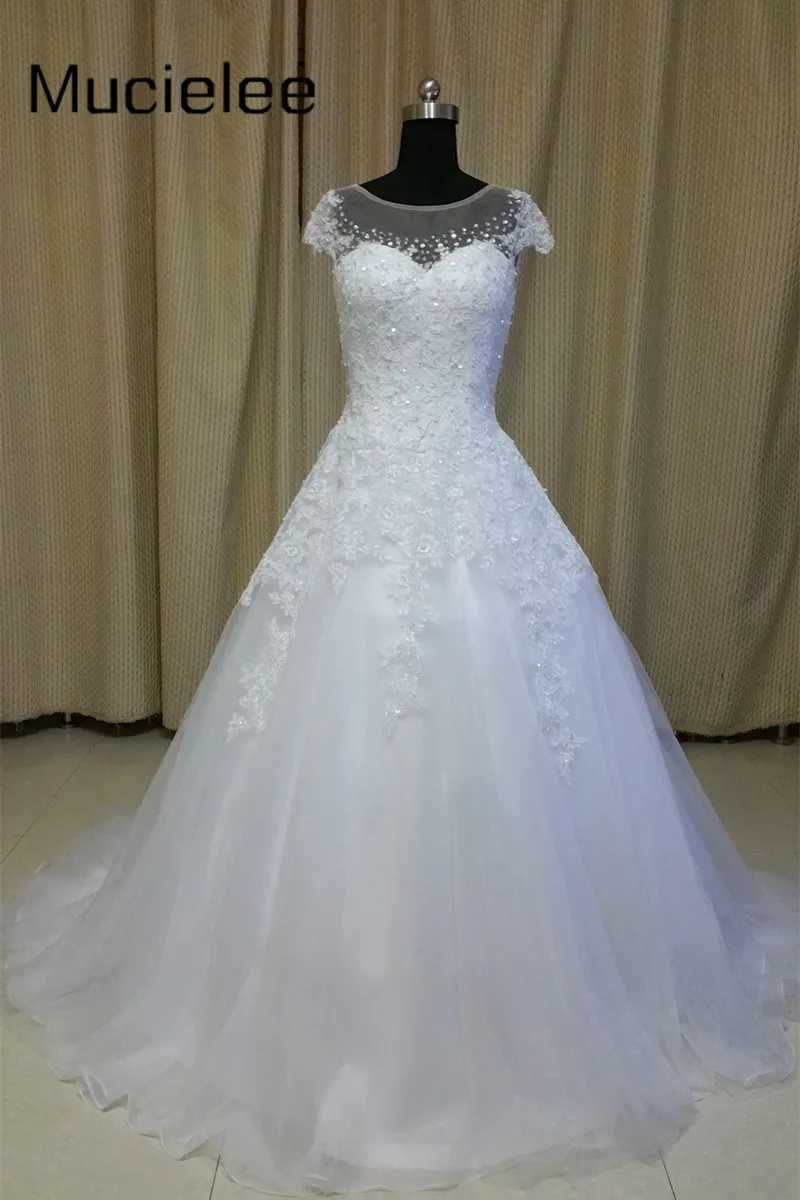 Real Photo Rhinestone Short Sleeve Lace Wedding Gowns Modest Plus Size Wedding Dress 2017 Bridal