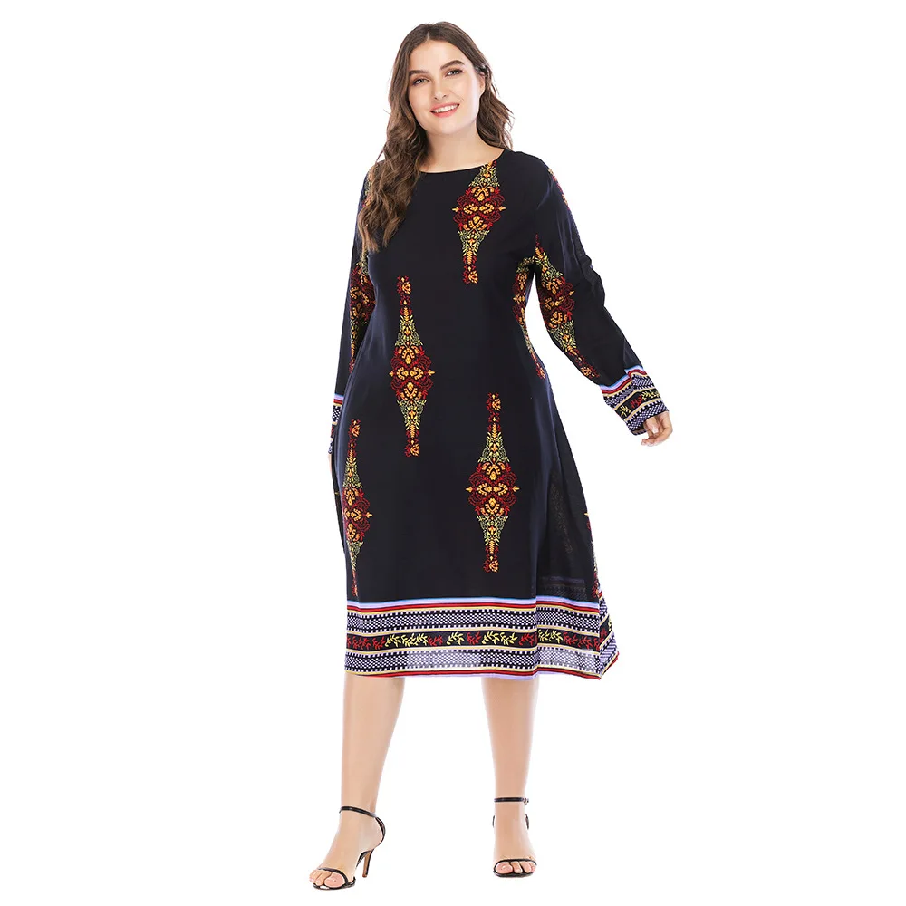 

2019 European Spring Autumn Women Dress O Neck Long Sleeve Plus Size 6XL A-Line Printed Flower Dress Robe Longue Femme