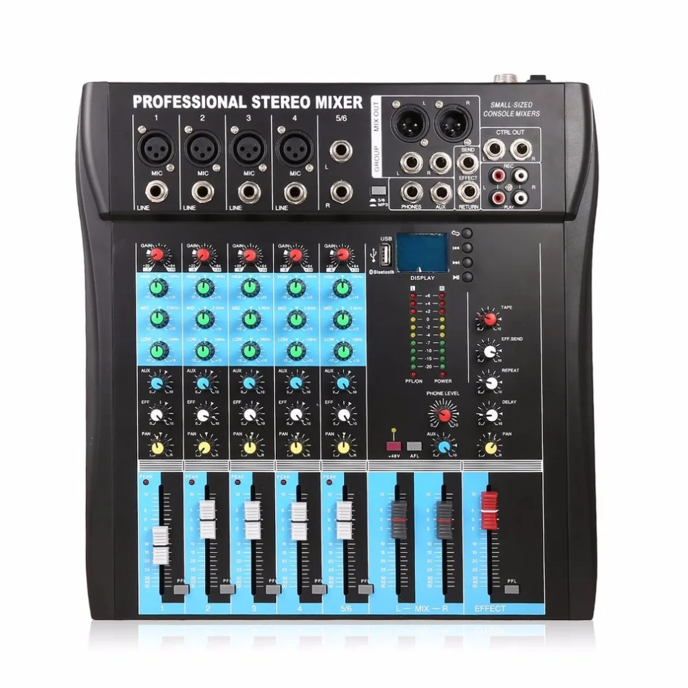 CT6 6 Channel Professional Stereo Mixer Live Audio Sound Console Vocal Effect Processor with 4-CH Mono& 2-CH Stereo Input HOT