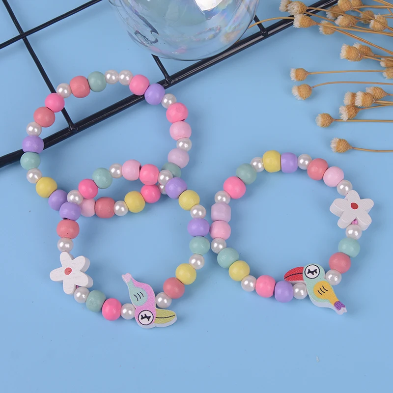 

3Pcs/Set Lovely Kids Cartoon Bird Flower Wood Beads Bracelets Children Bracelets Birthday Party Jewelry Gift