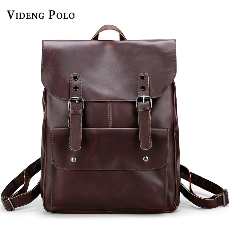 

VIDENG POLO Brand Crazy Horse Leather Backpack Men School Bag Casual Travel Shoulder Bag Bagpack 14 Inch Laptop Rucksack mochila