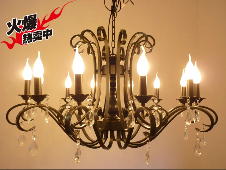

12-arm retro black Wrought Iron Chandelier living room vintage industrial light crystal pendant Chandeliers led Home Lighting