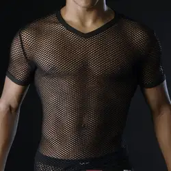 Горячие мужские футболки Прозрачная сетка Прозрачные топы футболки сексуальный человек футболка v-образный вырез синглет Гей Мужская
