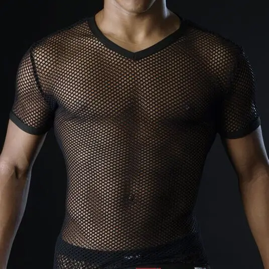 Vroče moške majice prozorna mreža Glej skozi vrhove majice Seksi moška majica V vratu Singlet Gay Moška priložnostna oblačila majica oblačila