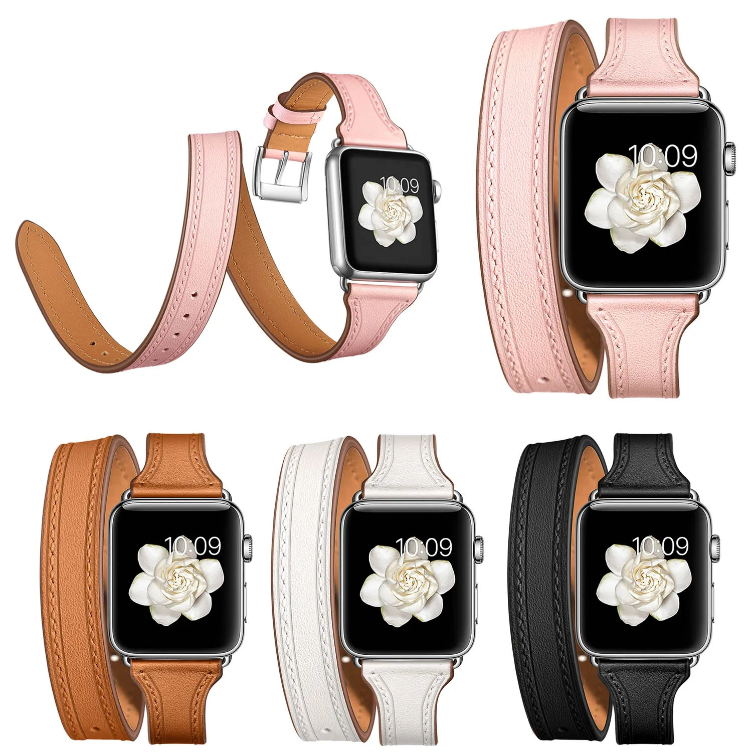 

Double Tour Genuine Leather Strap for Apple Watch Band Series 5 4 3 2 1 44mm 40mm 42mm 38mm Extra Long Bracelet Watchbands