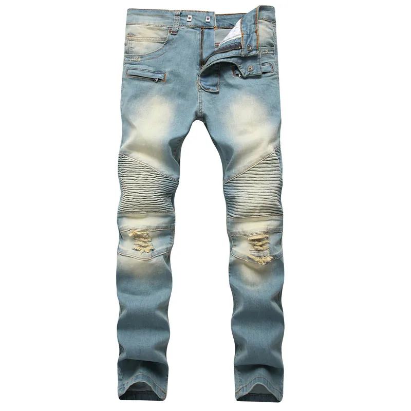 Джинсы из денима в стиле хип-хоп, мужские винтажные штаны с дырками в стиле пэчворк, обтягивающие мужские брюки, осенние мотоциклетные уличные брюки - Цвет: Light blue