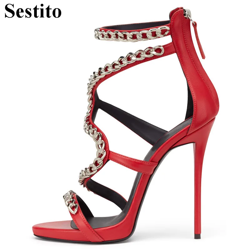 

Newest Solid Peep Toe Super High Zip Wedding Women Sandals Summer Sexy Thin Heels Cross-tied Chain Cover Heel Basic Ladies Shoes