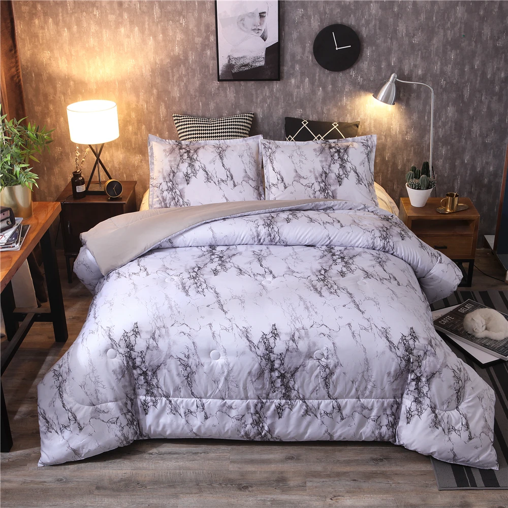 

5 Colors Marble Printed Comforter Pillowcase Set Queen Size Quilt Bedding Set